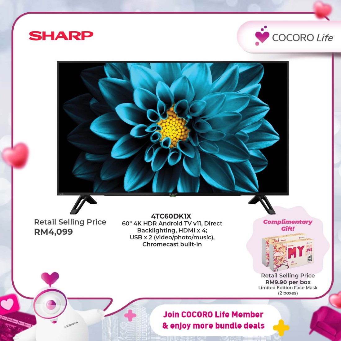 SHARP AQUOS 60 Inch 4K UHD Android TV, 4TC60DK1X 